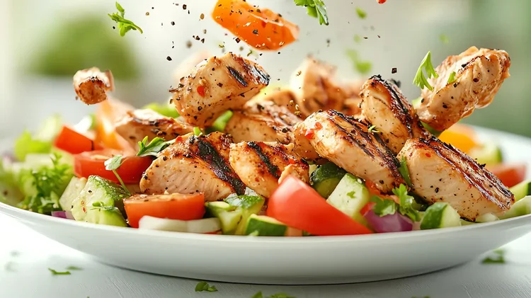 Schüssel mit frischem Salat Teller mit Salat, Gemüse und Hähnchen.