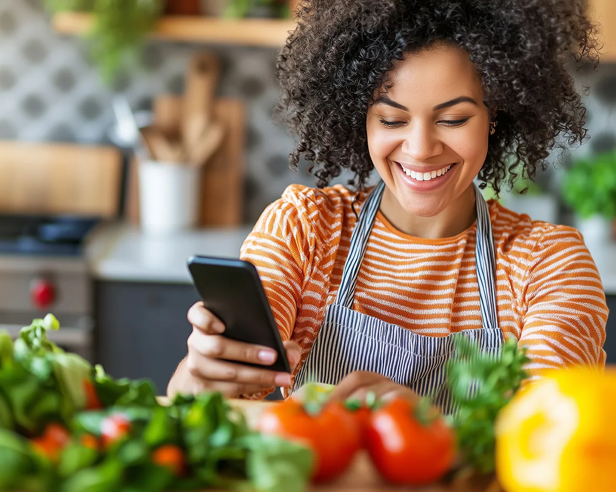 Frau mit Smartphone und Gemüse Frau tippt auf Smartphone in Küche mit Gemüse.